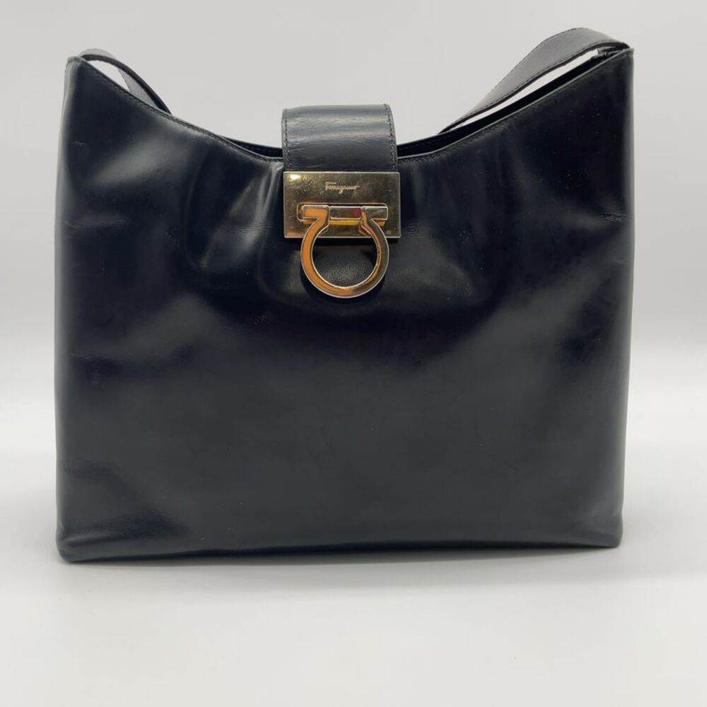 Salvatore Ferragamo Black Leather Shoulder Bag with Gold Hardware